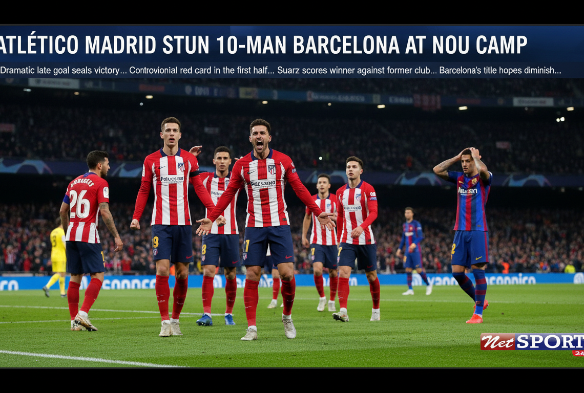 Atletico Madrid stun 10-man Barcelona at Nou Camp