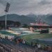 Covers on a cricket ground under heavy cloud, as rain wiped out the Asian Games cricket quarter-finals