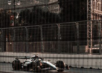 Azerbaijan GP 2026: an F1 car on the Baku City Circuit with the TV tower behind