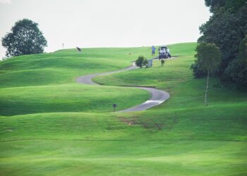 Rolling green golf course fairway with a cart path (Pexels 32401756)