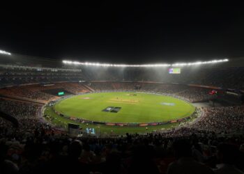 Floodlit cricket stadium at night, India vs West Indies 1st ODI
