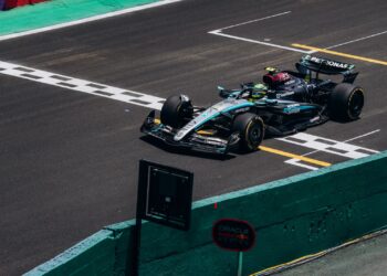 Mercedes Formula 1 car crossing the finish line (Pexels 29252129)