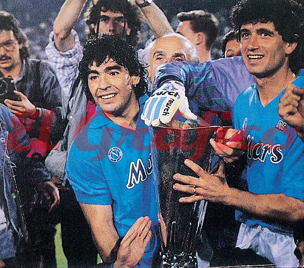 Diego Maradona celebrating with Napoli during the 1989 UEFA Cup run
