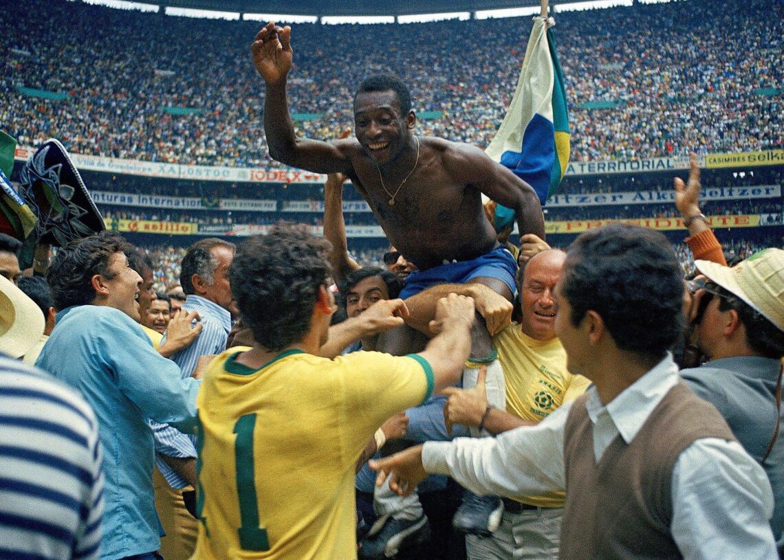 Pelé celebrating in Brazil's yellow shirt at the 1970 World Cup in Mexico