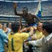Pelé celebrating in Brazil's yellow shirt at the 1970 World Cup in Mexico