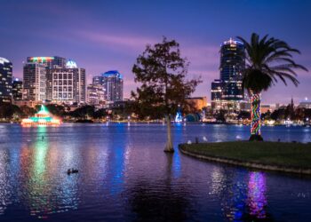 Orlando skyline at dusk, host city of USA vs Peru