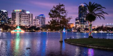 Orlando skyline at dusk, host city of USA vs Peru