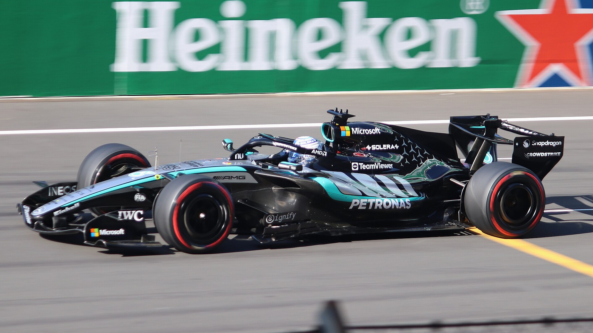 George Russell in the Mercedes, who retired from the Bahrain Grand Prix in Malaysia